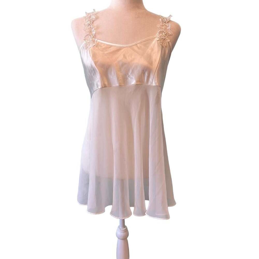 Vintage Ivory Satin & Sheer Slip Camisole dress with Floral Lace Straps